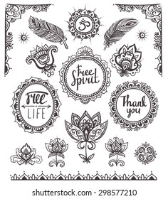 Set of Ornamental Boho Style Frames and elements. Vector illustration.