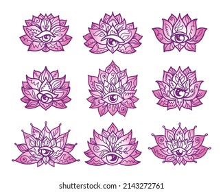 Set of Ornamental Boho Style lotus Flowers. Decoration in ethnic oriental, Indian style. Vector illustration isolated on white. Perfect cards for any other kind of design, birthday and other holiday.