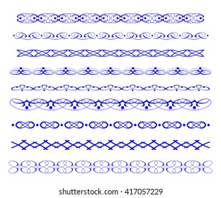 Set ornamental borders. Vector decorative elements. Blue.
