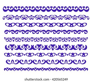 Set ornamental borders. Vector decorative elements.Blue.