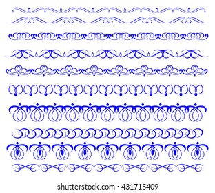 Set ornamental borders. Vector decorative elements.Blue white.