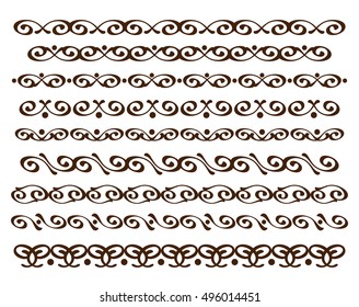 Set ornamental borders. Vector decorative elements.Brown white. Vector illustration.