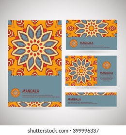 Set of ornamental business cards with flower mandala in orange, blue, red colors. Vintage decorative elements. Indian, asian, arabic, islamic, ottoman motif. Vector illustration.