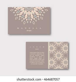 Set of ornamental business cards with mandala and  pattern, visiting template card, beige color. Vintage decorative elements.Indian, asian, arabic, islamic, ottoman motif. Vector