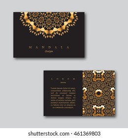 Set of ornamental business golden cards with mandala and seamless pattern, visiting template cards. Vintage decorative elements.Indian, asian, arabic, islamic, ottoman motif. Vector illustration.