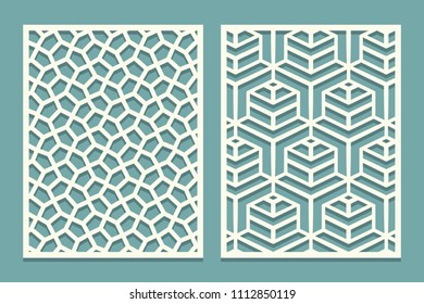 Set ornamental card for laser cut. Geometric mosaic line pattern.Laser cutting decorative ajour borders patterns. Set of Wedding Invitation or greeting card templates. Vector illustration