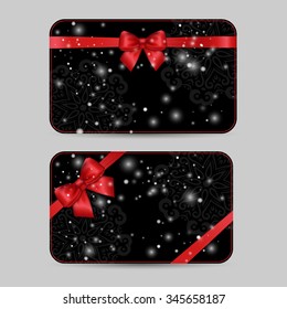 Set of ornamental Card Templates with Shiny holiday red satin ribbon bow on dark black lacy background with snow. Vector template for greetings, invitations, cards, vouchers, gift cards