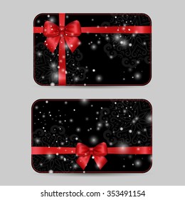 Set of ornamental Card Templates with Shiny holiday red satin ribbon bow on dark black lacy background with snow. Vector template for greetings, invitations, cards, vouchers, gift cards