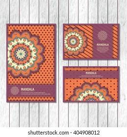 Set of ornamental cards, flyer with colorful flower mandala. Vintage decorative elements. Indian, asian, arabic, islamic, ottoman motif. Vector illustration.
