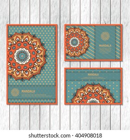Set of ornamental cards, flyer with colorful flower mandala. Vintage decorative elements. Indian, asian, arabic, islamic, ottoman motif. Vector illustration.
