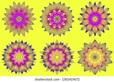 Set of Ornamental Circle Pattern. Sacred Oriental Mandala. Color Floral Ornament. Vector Illustration. For Coloring Book, Greeting Card, Invitation, Tattoo. Yellow purple color.