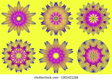 Set of Ornamental Circle Pattern. Sacred Oriental Mandala. Color Floral Ornament. Vector Illustration. For Coloring Book, Greeting Card, Invitation, Tattoo. Yellow purple color.