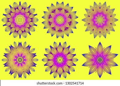 Set of Ornamental Circle Pattern. Sacred Oriental Mandala. Color Floral Ornament. Vector Illustration. For Coloring Book, Greeting Card, Invitation, Tattoo. Yellow purple color.