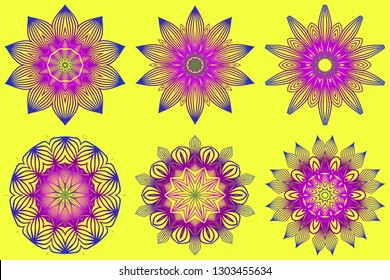 Set of Ornamental Circle Pattern. Sacred Oriental Mandala. Color Floral Ornament. Vector Illustration. For Coloring Book, Greeting Card, Invitation, Tattoo. Yellow purple color.