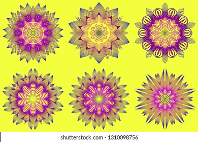 Set of Ornamental Circle Pattern. Sacred Oriental Mandala. Color Floral Ornament. Vector Illustration. For Coloring Book, Greeting Card, Invitation, Tattoo. Yellow purple color.