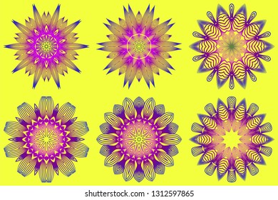 Set of Ornamental Circle Pattern. Sacred Oriental Mandala. Color Floral Ornament. Vector Illustration. For Coloring Book, Greeting Card, Invitation, Tattoo. Yellow purple color.