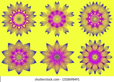Set of Ornamental Circle Pattern. Sacred Oriental Mandala. Color Floral Ornament. Vector Illustration. For Coloring Book, Greeting Card, Invitation, Tattoo. Yellow purple color.