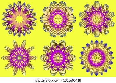 Set of Ornamental Circle Pattern. Sacred Oriental Mandala. Color Floral Ornament. Vector Illustration. For Coloring Book, Greeting Card, Invitation, Tattoo. Yellow purple color.
