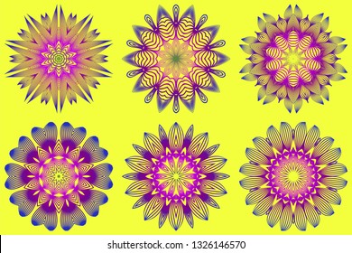 Set of Ornamental Circle Pattern. Sacred Oriental Mandala. Color Floral Ornament. Vector Illustration. For Coloring Book, Greeting Card, Invitation, Tattoo. Yellow purple color.