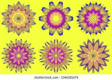 Set of Ornamental Circle Pattern. Sacred Oriental Mandala. Color Floral Ornament. Vector Illustration. For Coloring Book, Greeting Card, Invitation, Tattoo. Yellow purple color.
