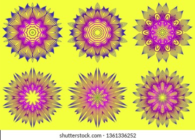 Set of Ornamental Circle Pattern. Sacred Oriental Mandala. Color Floral Ornament. Vector Illustration. For Coloring Book, Greeting Card, Invitation, Tattoo. Yellow purple color.