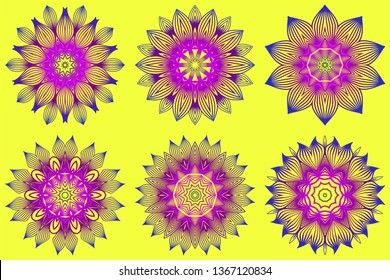 Set of Ornamental Circle Pattern. Sacred Oriental Mandala. Color Floral Ornament. Vector Illustration. For Coloring Book, Greeting Card, Invitation, Tattoo. Yellow purple color.