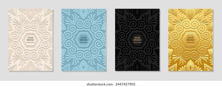 Set of ornamental covers, exotic vertical patterns. A collection of relief, geometric backgrounds with ethnic 3D patterns. Handmade, boho. Old motifs of the East, Asia, India, Mexico, Aztec, Peru.
