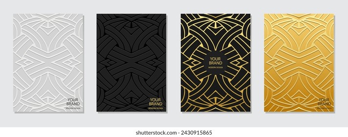 Set of ornamental covers, vertical templates. Collection of relief, geometric backgrounds with ethnic linear gold 3D pattern, handmade. Exotic of the East, Asia, India, Mexico, Aztec, Peru.