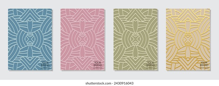 Set of ornamental covers, vertical templates. A collection of relief, geometric backgrounds with an ethnic linear 3D pattern in pastel colors, handmade. Exotic of the East, Asia, India, Mexico, Aztec,