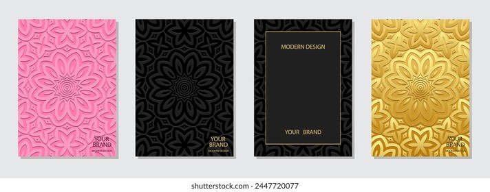 Set of ornamental covers, vertical templates. A collection of relief, geometric backgrounds with ethnic 3D patterns. Handmade, fantasy original motifs of the East, Asia, India, Mexico, Aztec, Peru.