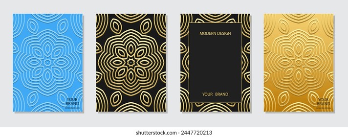 Set of ornamental covers, vertical templates. A collection of relief, geometric backgrounds with ethnic 3D patterns. Handmade, fantasy unique motifs of the East, Asia, India, Mexico, Aztec, Peru.