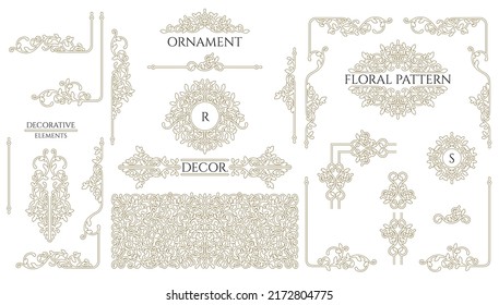 Set of ornamental decorative elements. Floral contour monograms and borders, frames,corners,  pattern for cards, invitations, menus, labels.  Graphic design pages, business sign, boutiques, ca