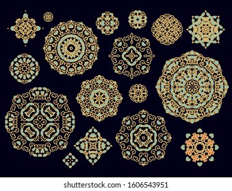 Set of ornamental decorative rosette, snowflakes, mandalas on black background