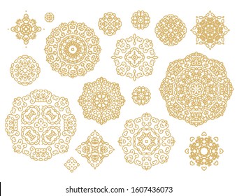 Set of ornamental decorative rosette, snowflakes, mandalas on white background