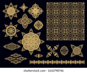 Set of ornamental decorative rosette, snowflakes, mandalas, border ornaments on dark background