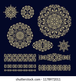 Set of ornamental decorative rosettes, mandala, border ornaments