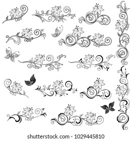 Set of ornamental design elements with leaves, flowers and butterflies, vector illustration