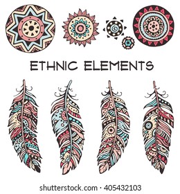 Set of ornamental ethnic elements and symbols with feathers. Ethnic feather vector set. Hand drawn illustration. Doodle illustration