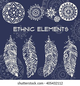 Set of ornamental ethnic elements and symbols with feathers. Ethnic feather vector set. Hand drawn illustration. Doodle illustration