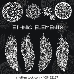 Set of ornamental ethnic elements and symbols with feathers. Ethnic feather vector set. Hand drawn illustration. Doodle illustration