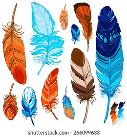 Set of ornamental feathers. Ethnic jewelry, folk costume, the Indians. Plumage on a white background.  Vector decorative elements hippie, dream, boho style