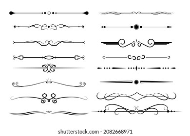 Florece un conjunto de filigres ornamentales y libera divisores delgados sobre fondo blanco. Elementos vintage clásicos, ilustración vectorial