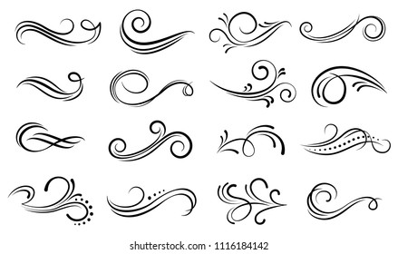 Set of ornamental filigree flourishes and thin dividers. Classical vintage elements, vector illustration