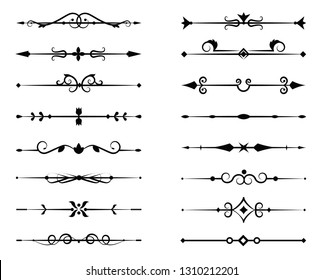 Set of ornamental filigree flourishes and thin dividers. Classical vintage elements, vector illustration