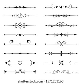 Set of ornamental filigree flourishes and thin dividers on white background. Classical vintage elements, vector illustration