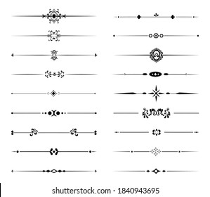 Set of ornamental filigree flourishes and thin dividers on white background. Classical vintage elements, vector illustration