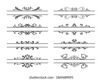 Set of ornamental filigree flourishes and thin dividers on white background. Classical vintage elements, vector illustration