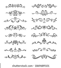 Set of ornamental filigree flourishes and thin dividers on white background. Classical vintage elements, vector illustration