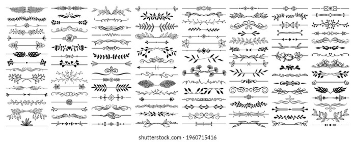 Set of ornamental filigree flourishes and thin dividers. Classical vintage elements, vector illustration