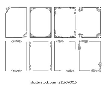 Set of ornamental filigree flourishes thin frames on white background. Classical vintage elements, vector illustration